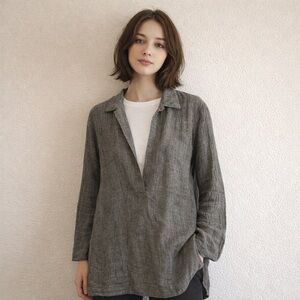 Ellen Tracy Linen Blend Top Size 12 Minimalist Classic Office Business Natural